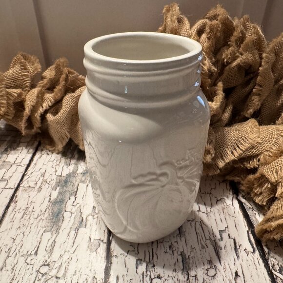 Fall Mason Jar Vase White Ceramic Pumpkin Accent Design - Picture 2 of 2